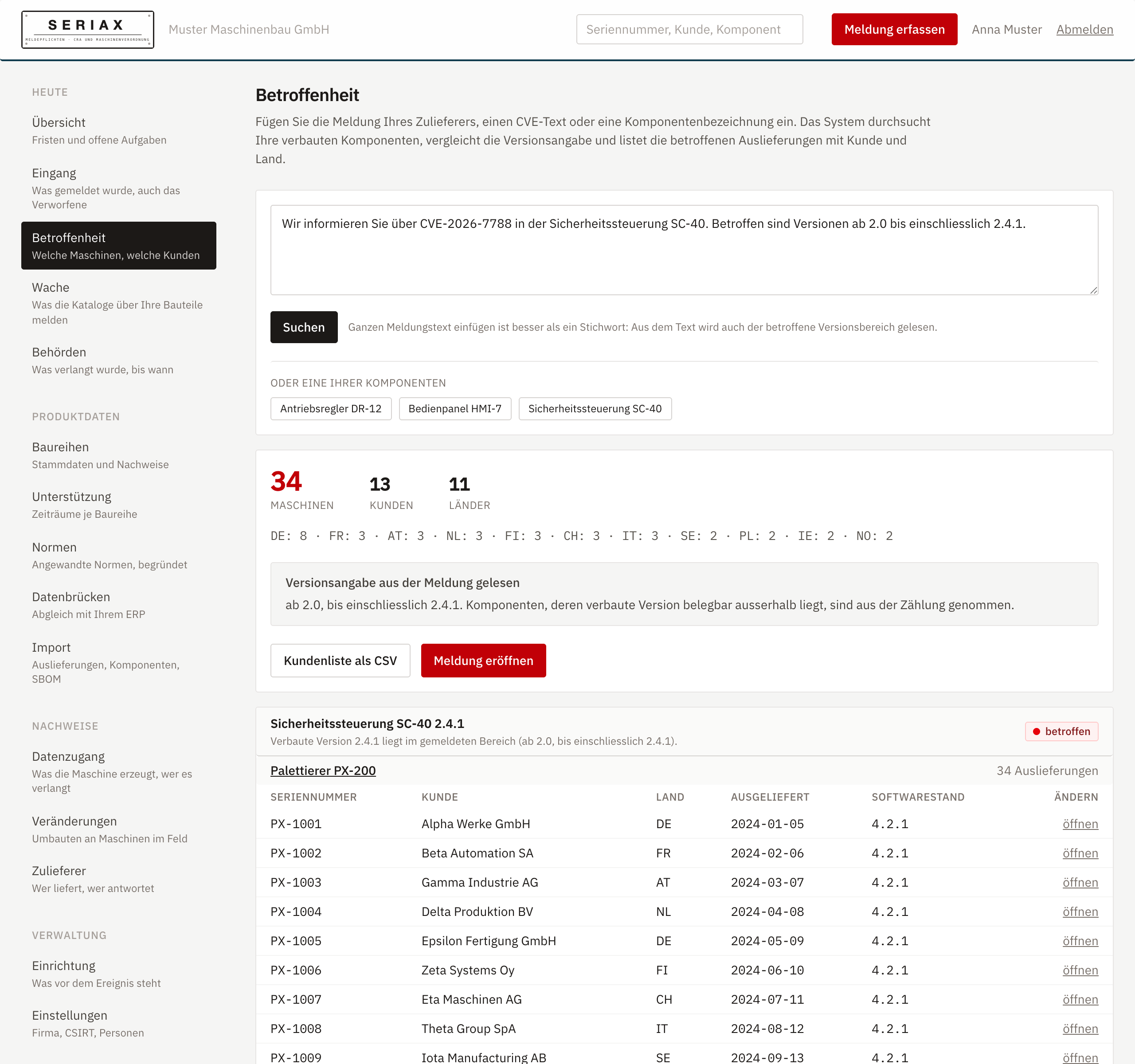 Betroffenheit je Seriennummer, mit Kunde, Land und Softwarestand